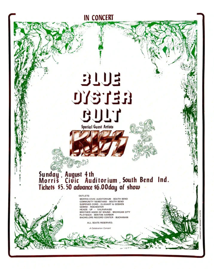 KISS, Blue ÖYster Cult 1974 South Bend, IN Concert Poster featuring white, light gray, and green vertical artwork.