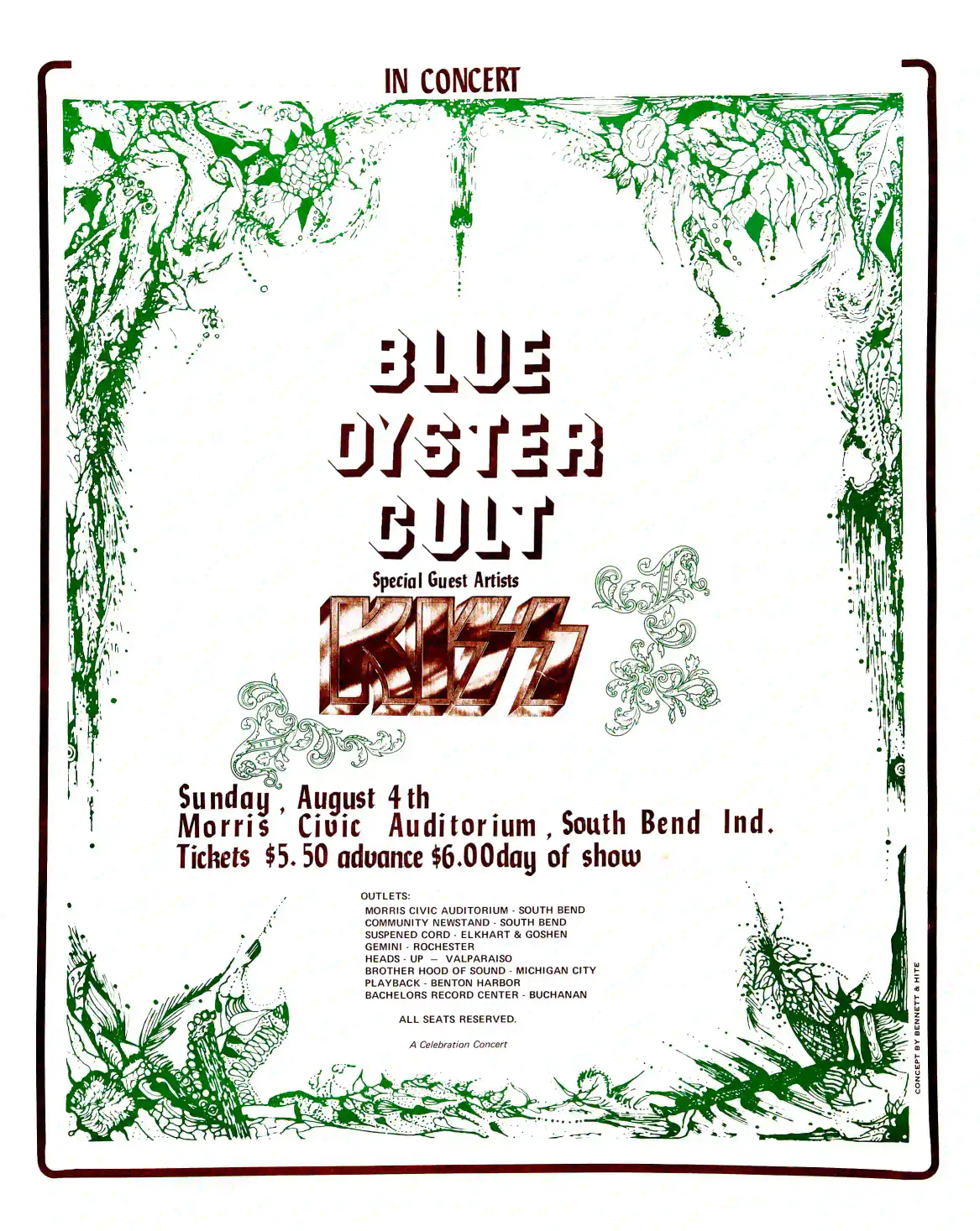 KISS, Blue ÖYster Cult 1974 South Bend, IN Concert Poster featuring white, light gray, and green vertical artwork.