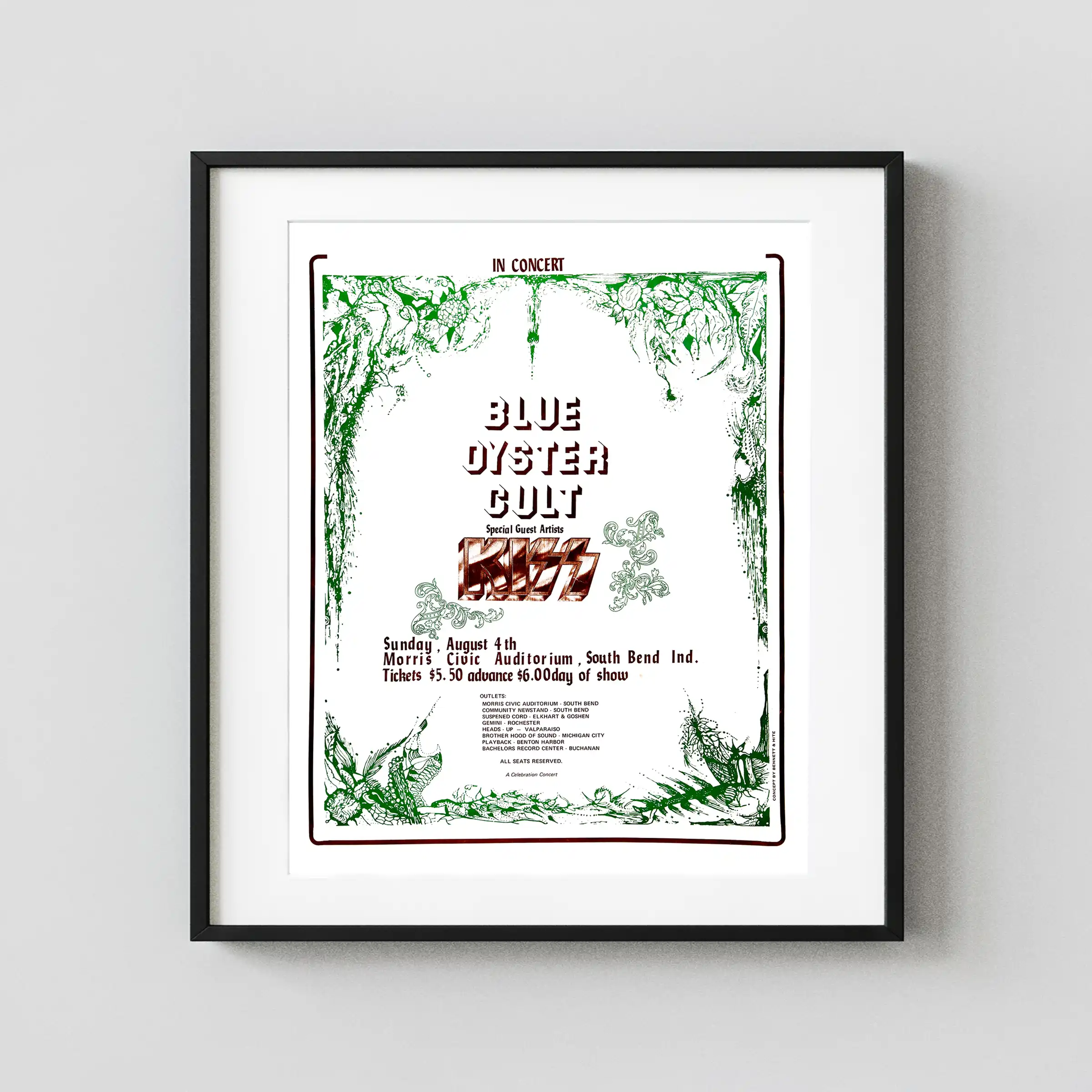 KISS, Blue ÖYster Cult 1974 South Bend, IN Concert Poster featuring white, light gray, and green vertical artwork.