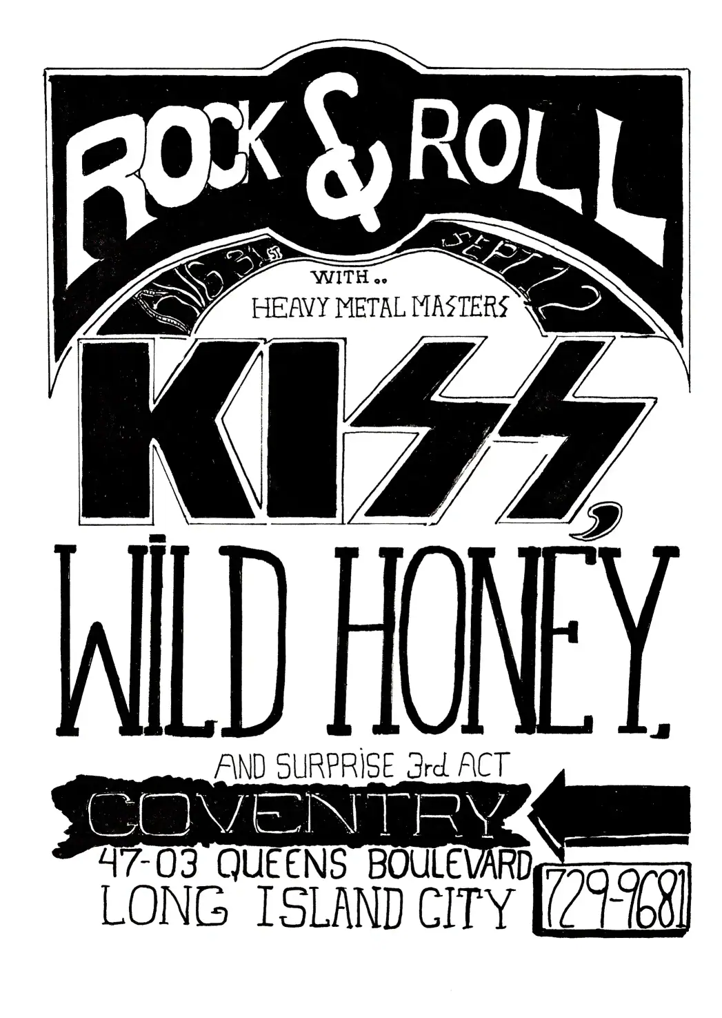 KISS Concert Poster 1973 featuring white, black, and light gray vertical artwork.
