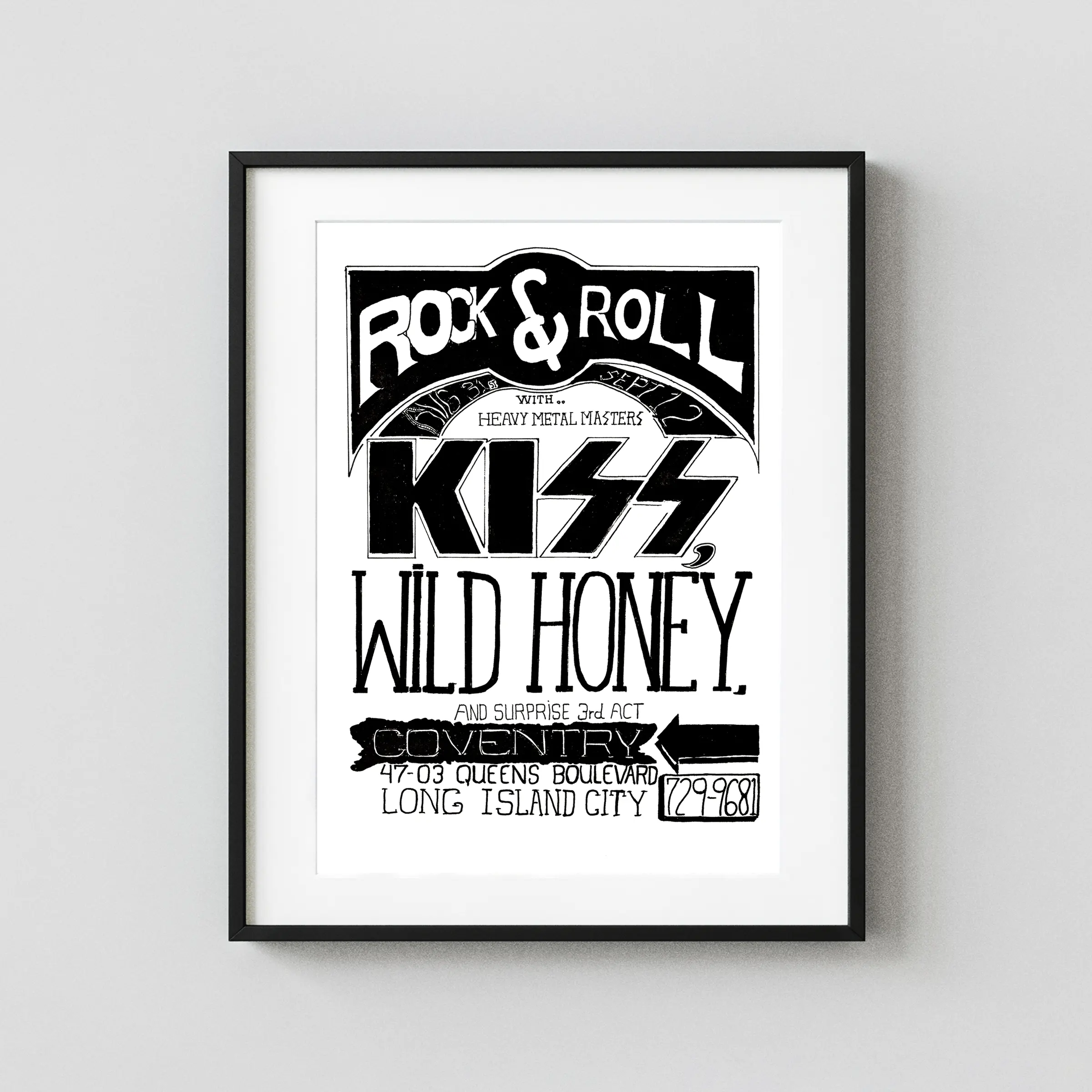 KISS Concert Poster 1973 featuring white, black, and light gray vertical artwork.