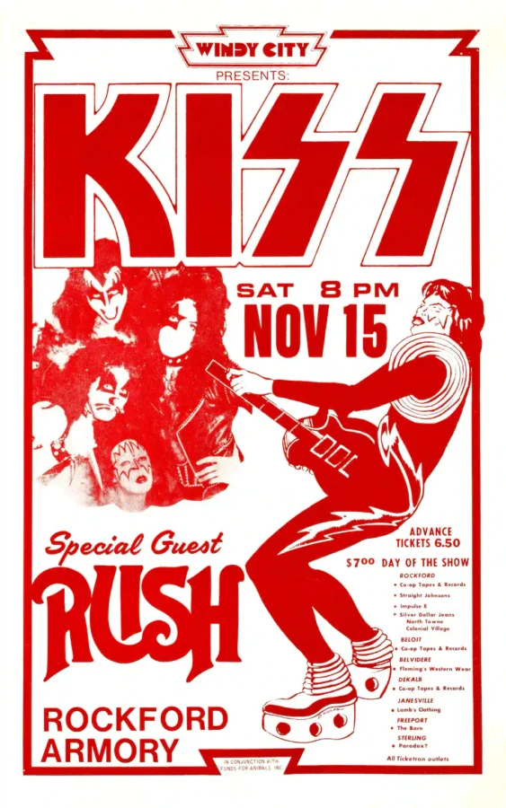 KISS, Rush 1975 Rockford, Illinois Concert Poster featuring white, red, and rose vertical artwork.