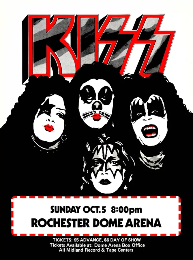 Kiss 1975 Rochester, NY "Alive!" Tour Concert Poster featuring black, white, and charcoal vertical artwork.