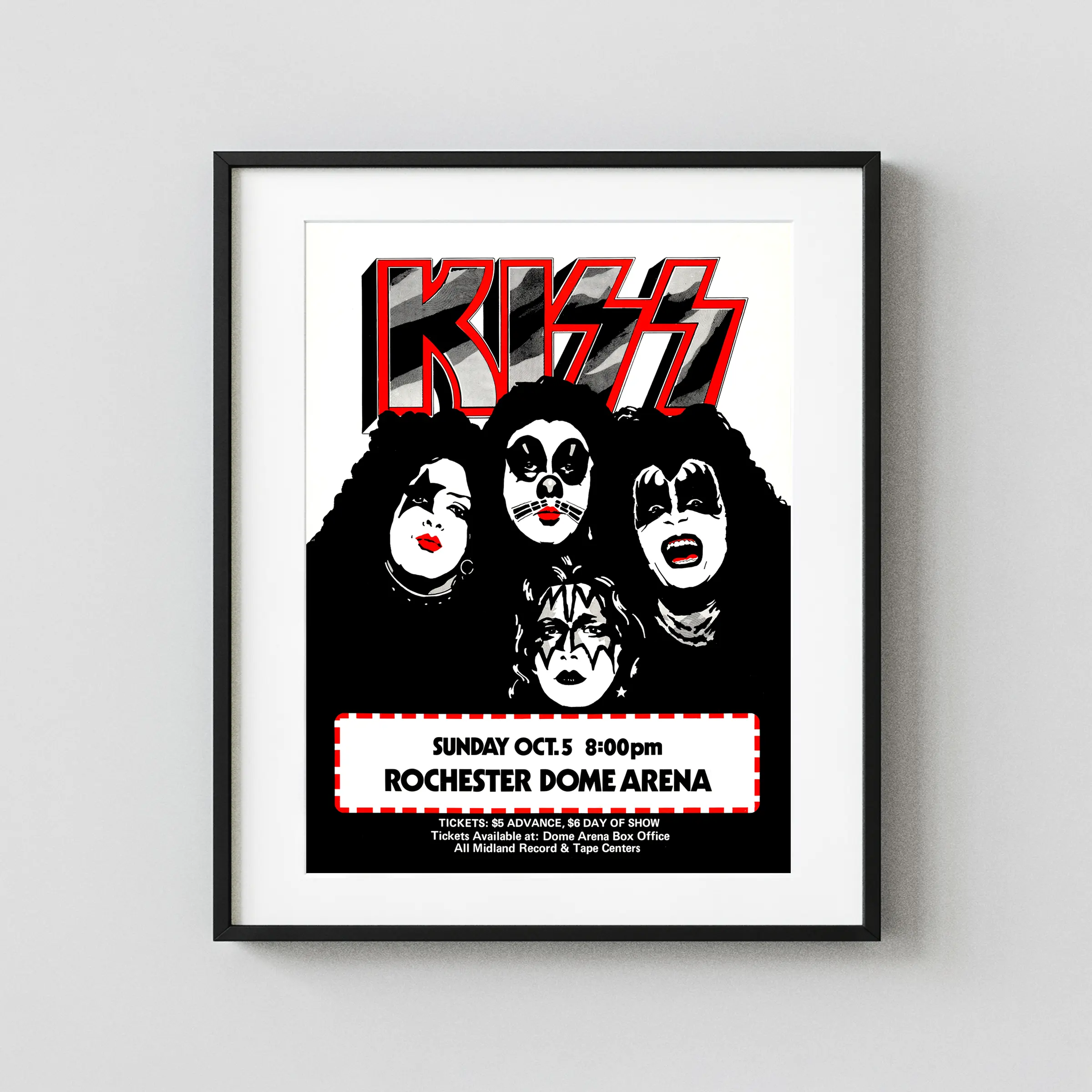 Kiss 1975 Rochester, NY "Alive!" Tour Concert Poster featuring black, white, and charcoal vertical artwork.