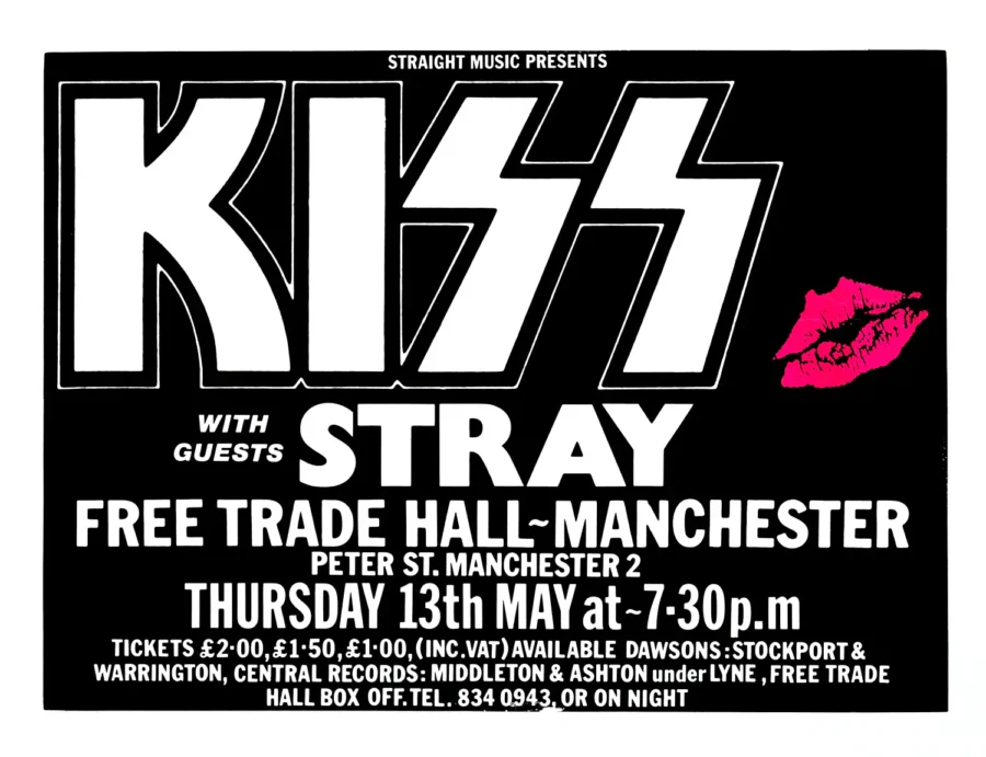 Kiss 1976 Free Trade Hall, Manchester, England Concert Poster featuring white, black, and charcoal vertical artwork.