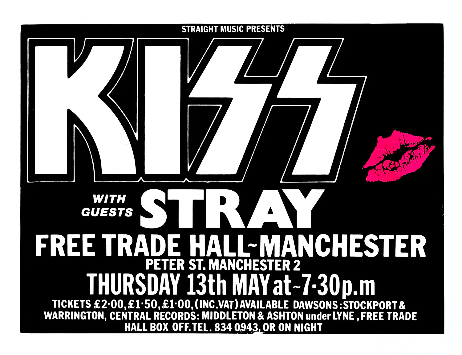 Kiss 1976 Free Trade Hall, Manchester, England Concert Poster featuring white, black, and charcoal vertical artwork.