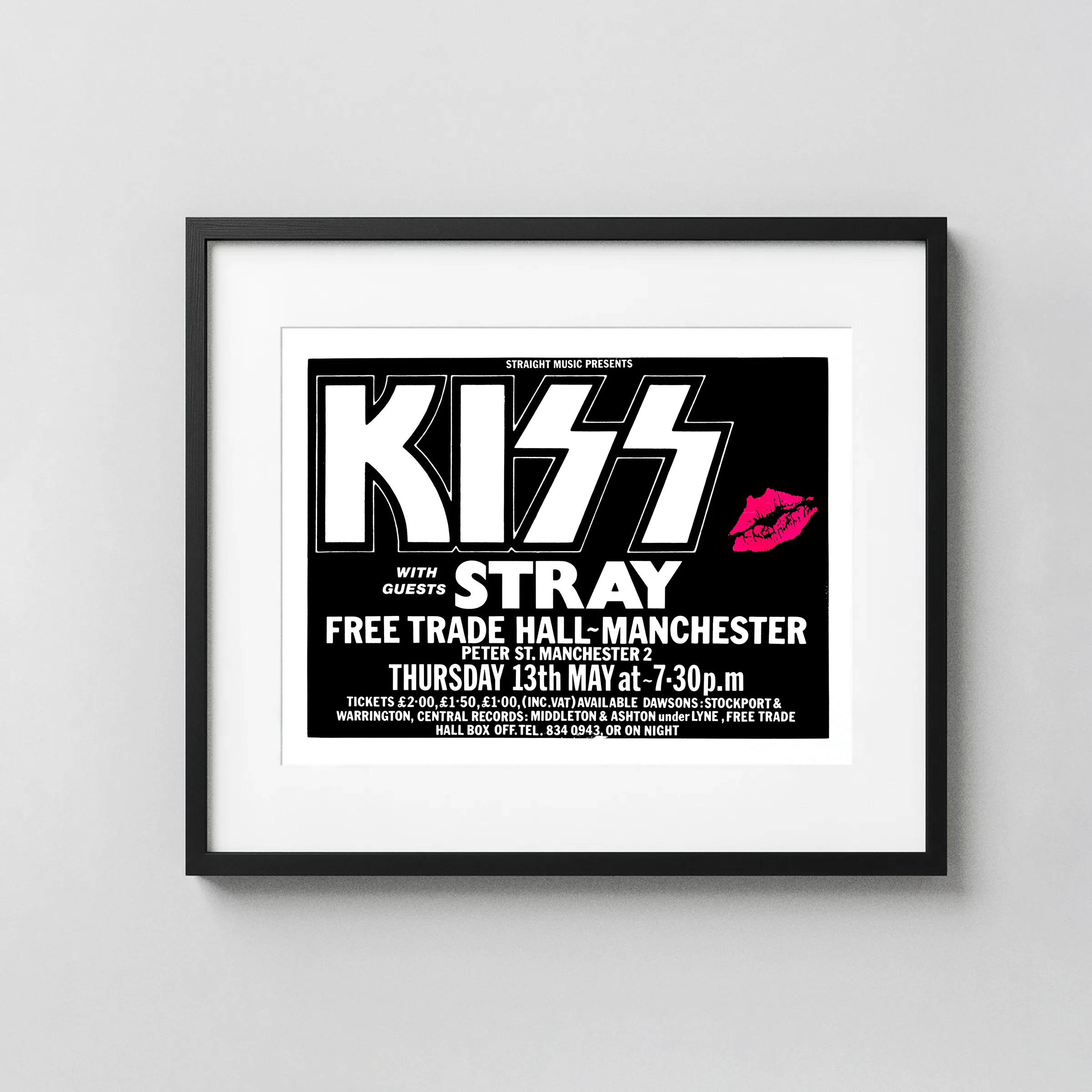 Kiss 1976 Free Trade Hall, Manchester, England Concert Poster featuring white, black, and charcoal vertical artwork.