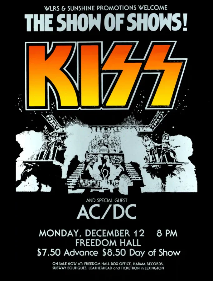 Kiss, AC/DC 1977 Louisville, KY Concert Poster featuring black, charcoal, and gray vertical artwork.