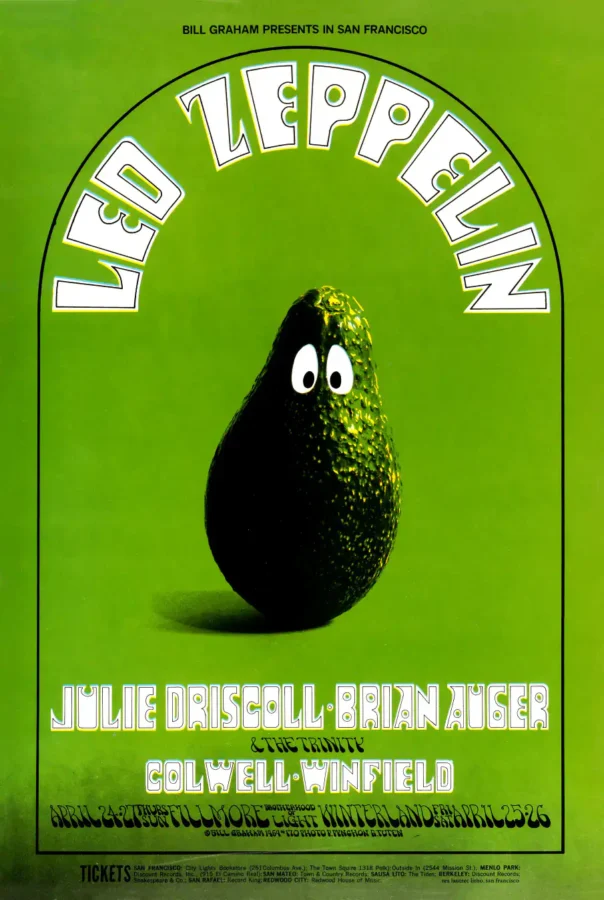 Led Zeppelin 1969 Fillmore West & Winterland Concert Poster featuring deep green, white, and black vertical artwork.