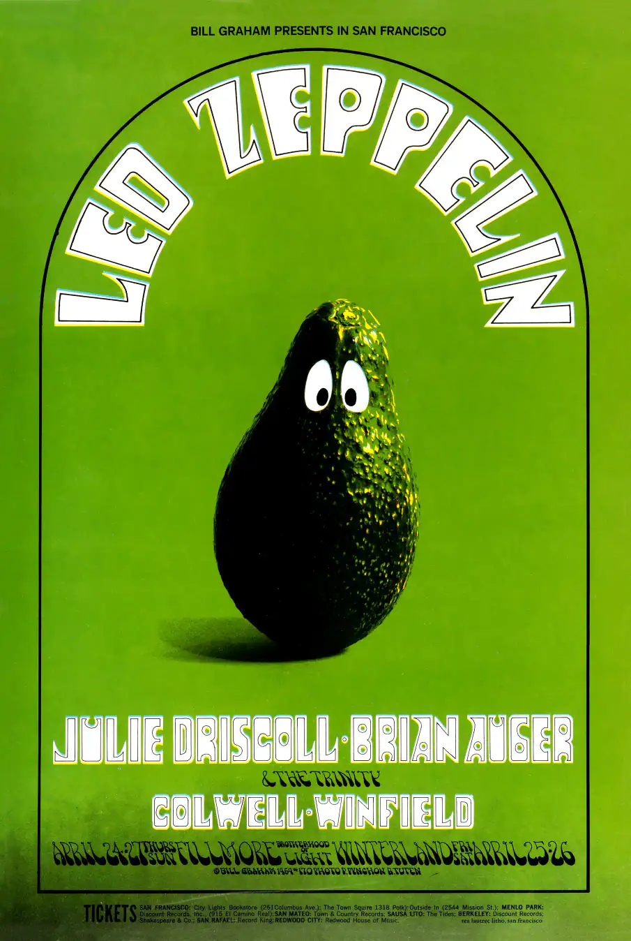 Led Zeppelin 1969 Fillmore West & Winterland Concert Poster featuring deep green, white, and black vertical artwork.