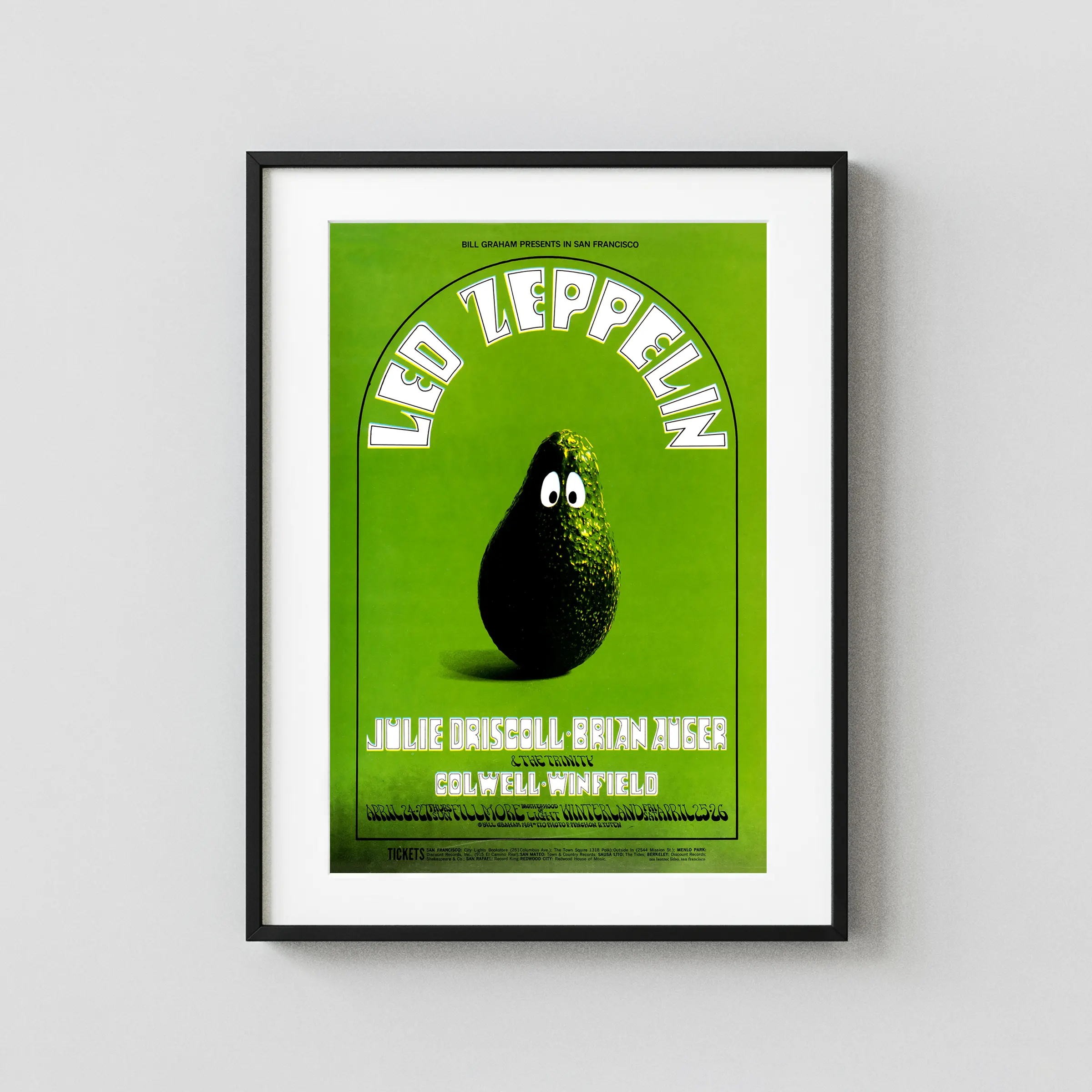 Led Zeppelin 1969 Fillmore West & Winterland Concert Poster featuring deep green, white, and black vertical artwork.