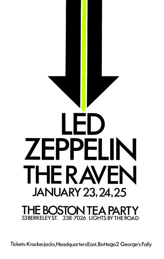 Led Zeppelin 1969 First-Tour Boston Tea Party Concert Poster featuring white, black, and light gray vertical artwork.