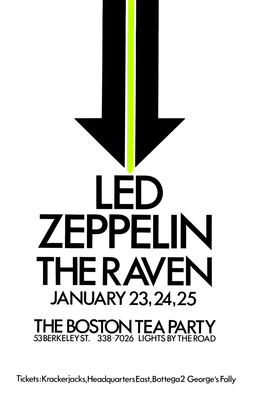 Led Zeppelin 1969 First-Tour Boston Tea Party Concert Poster featuring white, black, and light gray vertical artwork.
