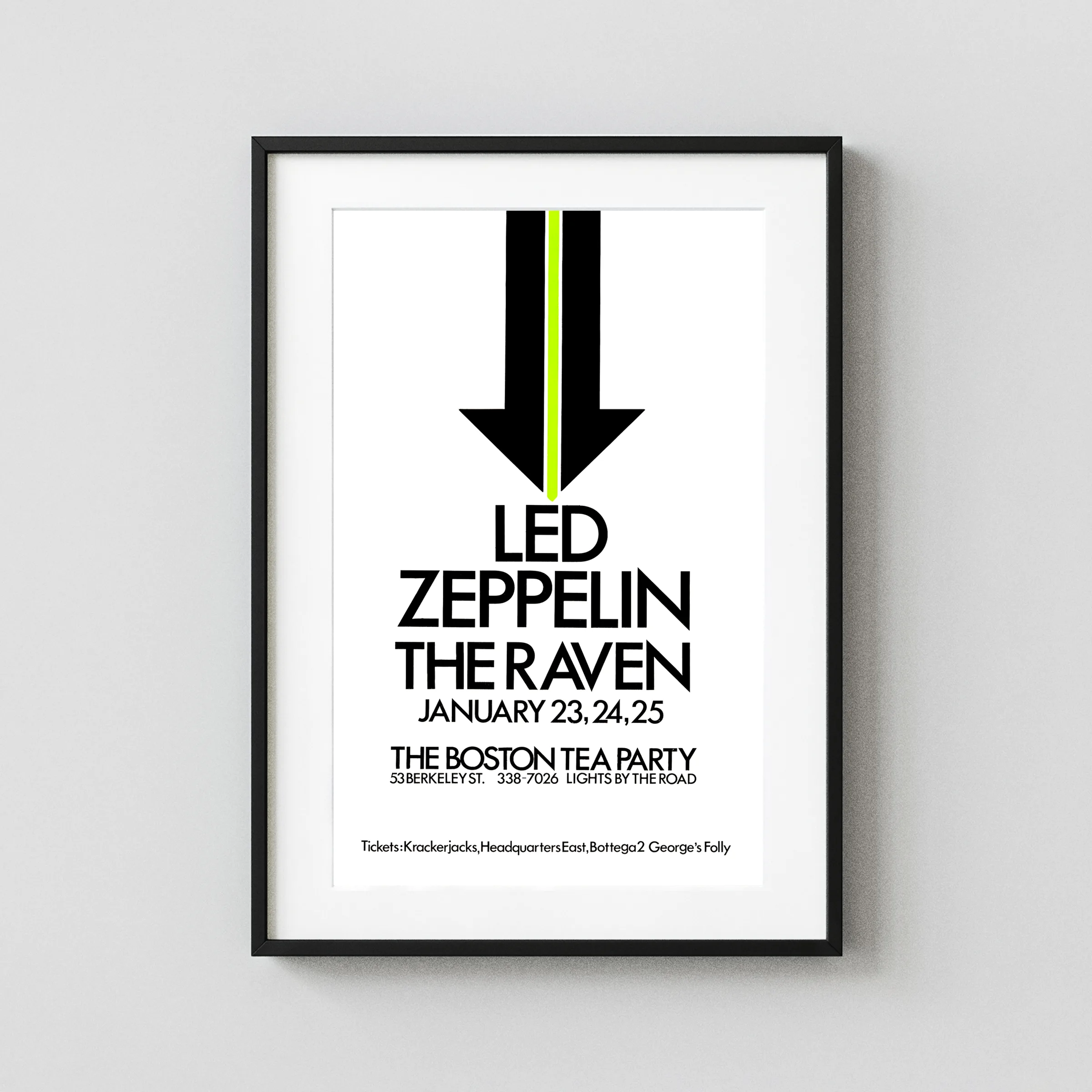 Led Zeppelin 1969 First-Tour Boston Tea Party Concert Poster featuring white, black, and light gray vertical artwork.
