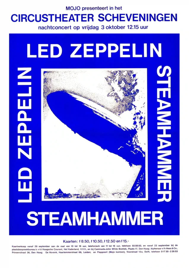 Led Zeppelin 1969 the Hague, Netherlands Large Concert Poster featuring white and blue vertical artwork.