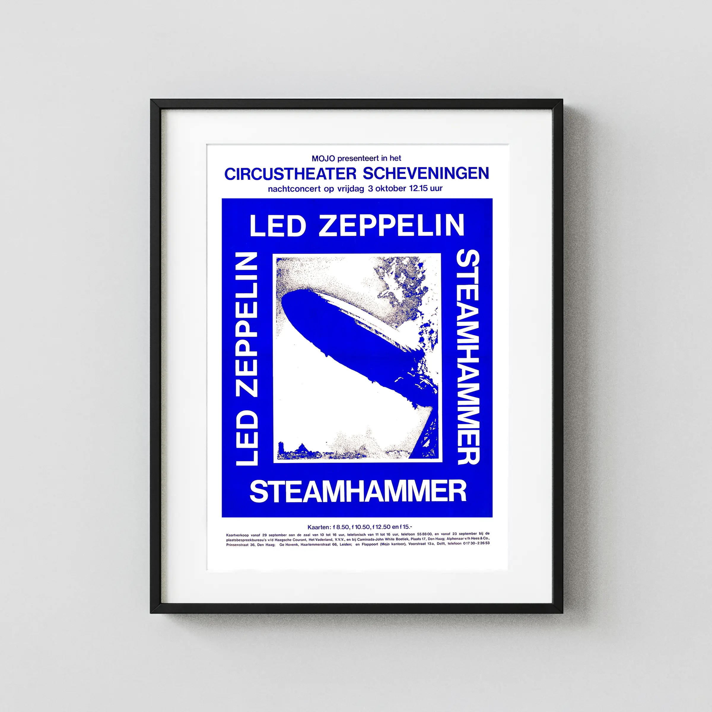 Led Zeppelin 1969 the Hague, Netherlands Large Concert Poster featuring white and blue vertical artwork.