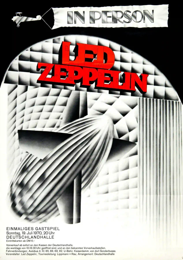 Led Zeppelin 1970 Berlin, Germany Second-Album-Tour Concert Poster featuring white, light gray, and black vertical artwork.