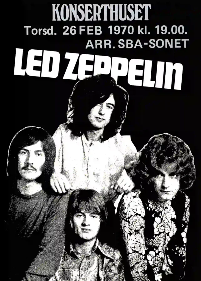 Led Zeppelin poster with black, white, and slate gray artwork and period lettering.