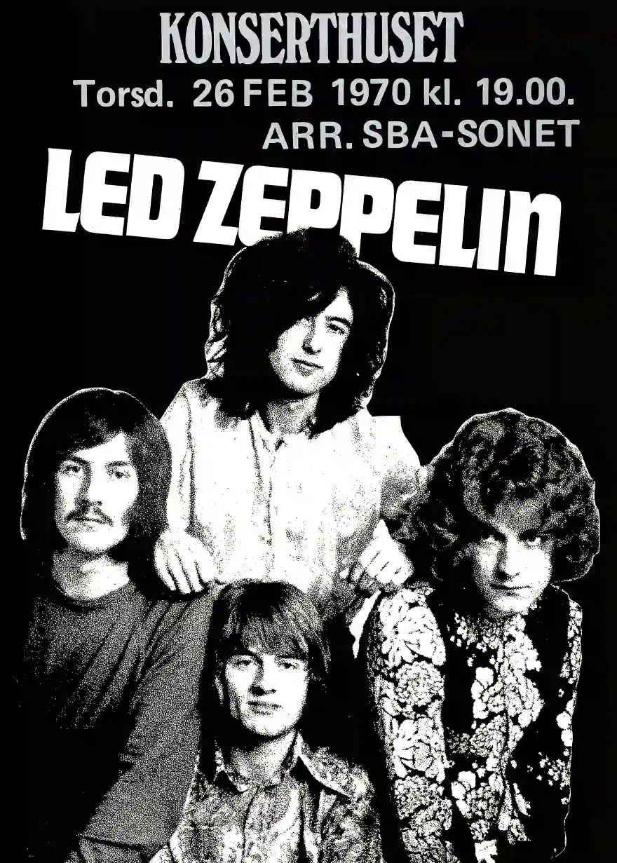 Led Zeppelin poster with black, white, and slate gray artwork and period lettering.