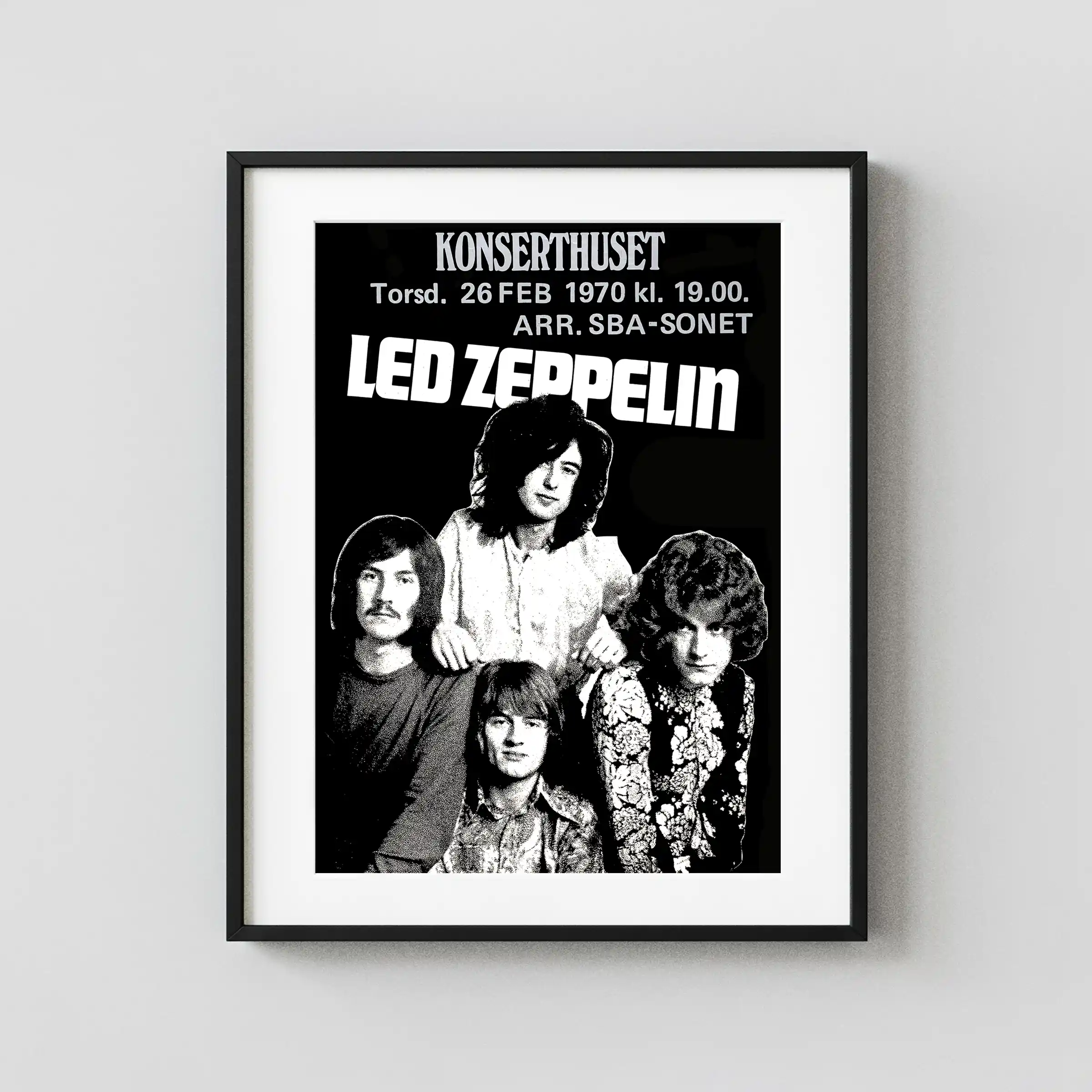 Led Zeppelin poster with black, white, and slate gray artwork and period lettering.