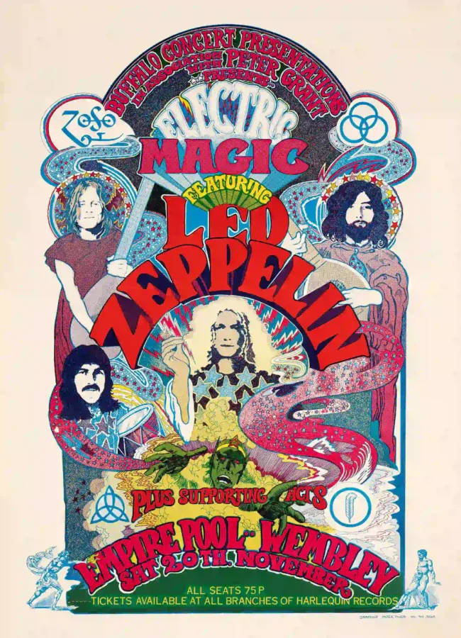 Led Zeppelin poster with rose, light gray, and magenta artwork and period lettering.