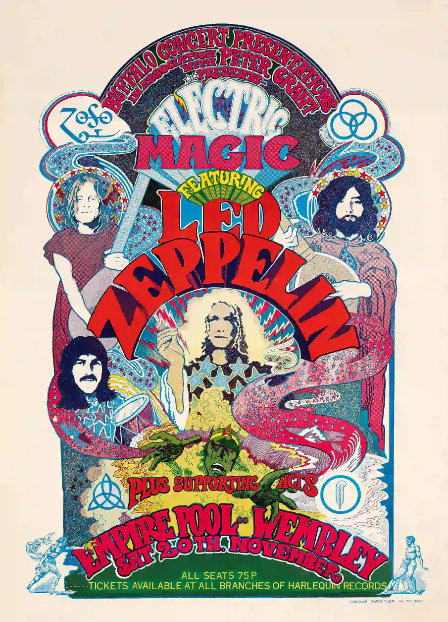 Led Zeppelin poster with rose, light gray, and magenta artwork and period lettering.
