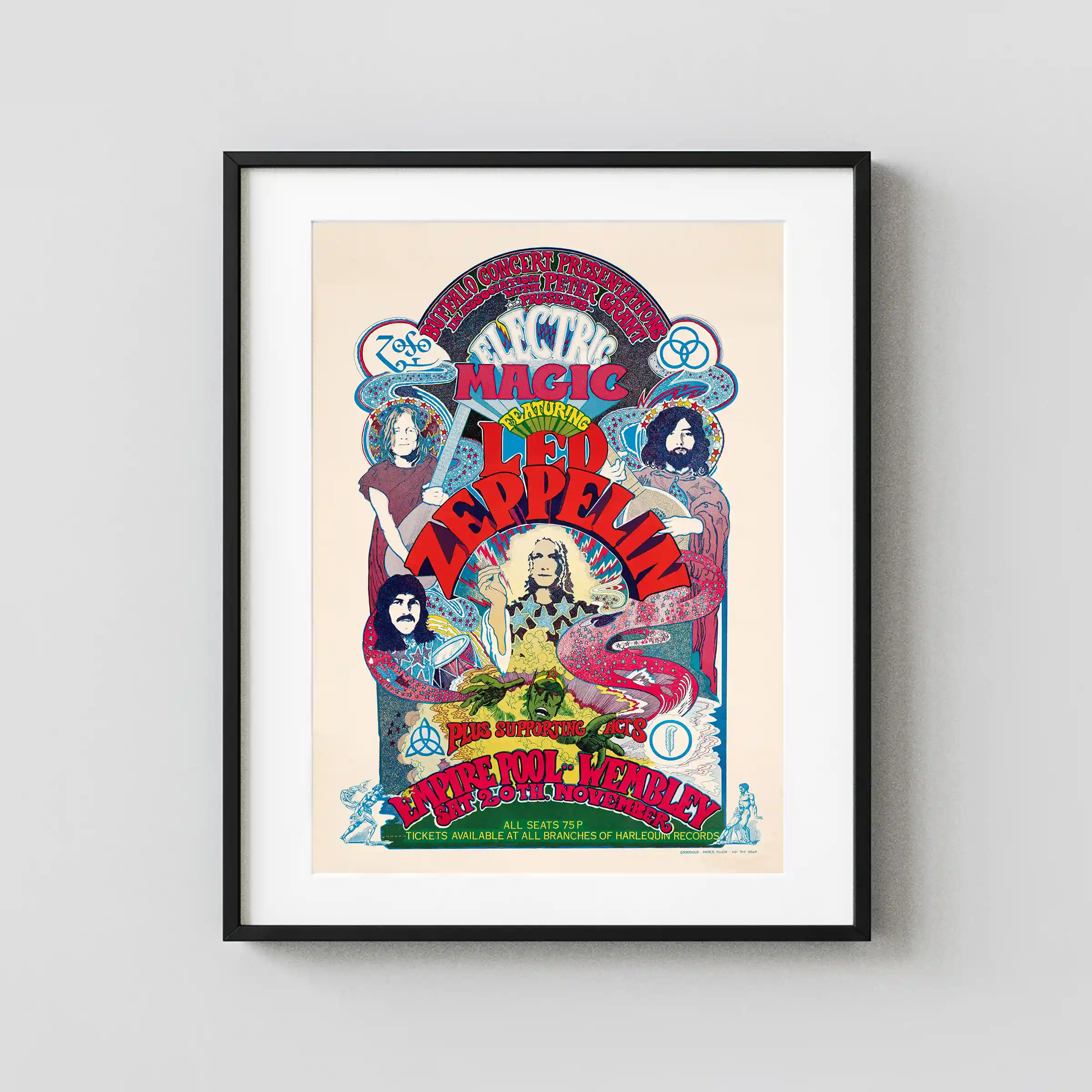 Led Zeppelin poster with rose, light gray, and magenta artwork and period lettering.