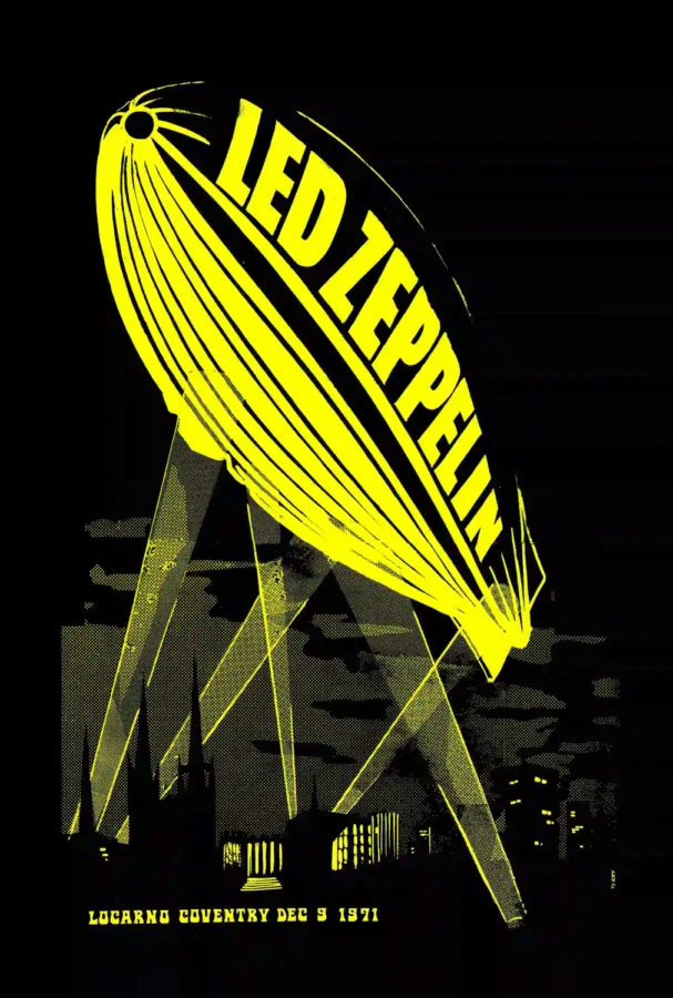 Led Zeppelin 1971 Locarno Ballroom, Coventry, England Concert Poster featuring black, charcoal, and yellow vertical artwork.