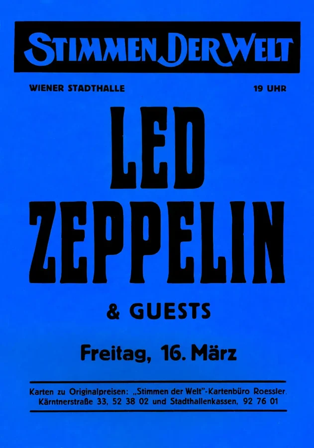 Led Zeppelin 1973 Vienna, Austria Concert Poster featuring blue, black, and white vertical artwork.