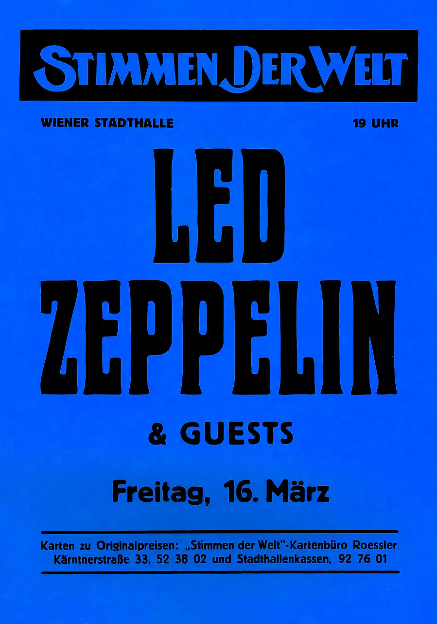 Led Zeppelin 1973 Vienna, Austria Concert Poster featuring blue, black, and white vertical artwork.