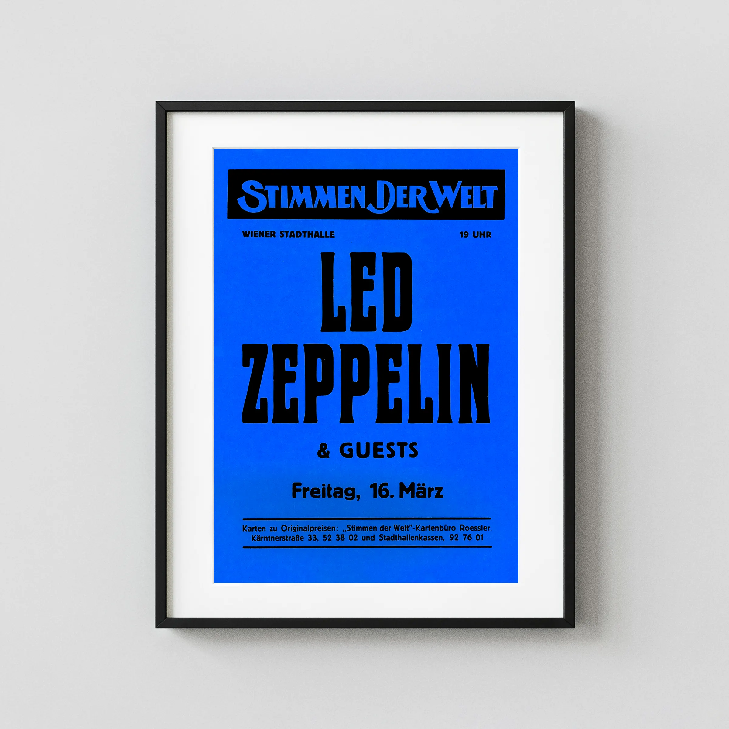 Led Zeppelin 1973 Vienna, Austria Concert Poster featuring blue, black, and white vertical artwork.