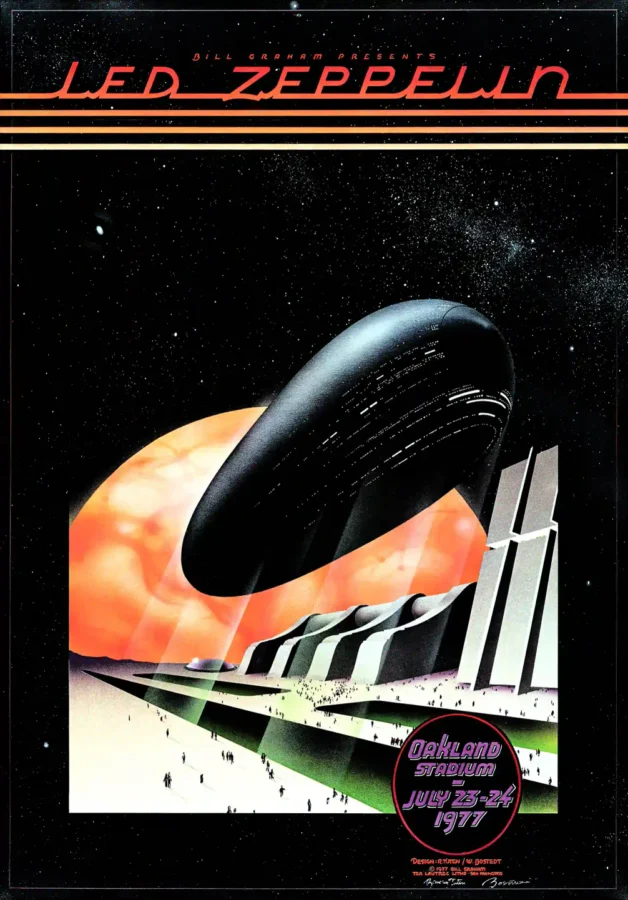 Led Zeppelin 1977 Bill Graham Concert Poster featuring black, white, and charcoal vertical artwork.