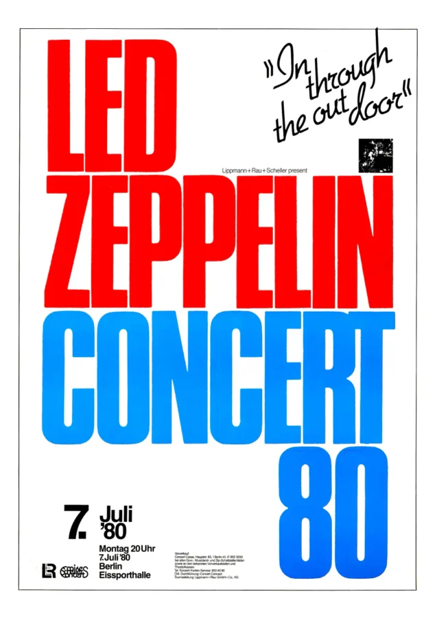 Led Zeppelin 1980 Berlin, Germany Last-Show-Ever Concert Poster featuring white, red, and blue vertical artwork.