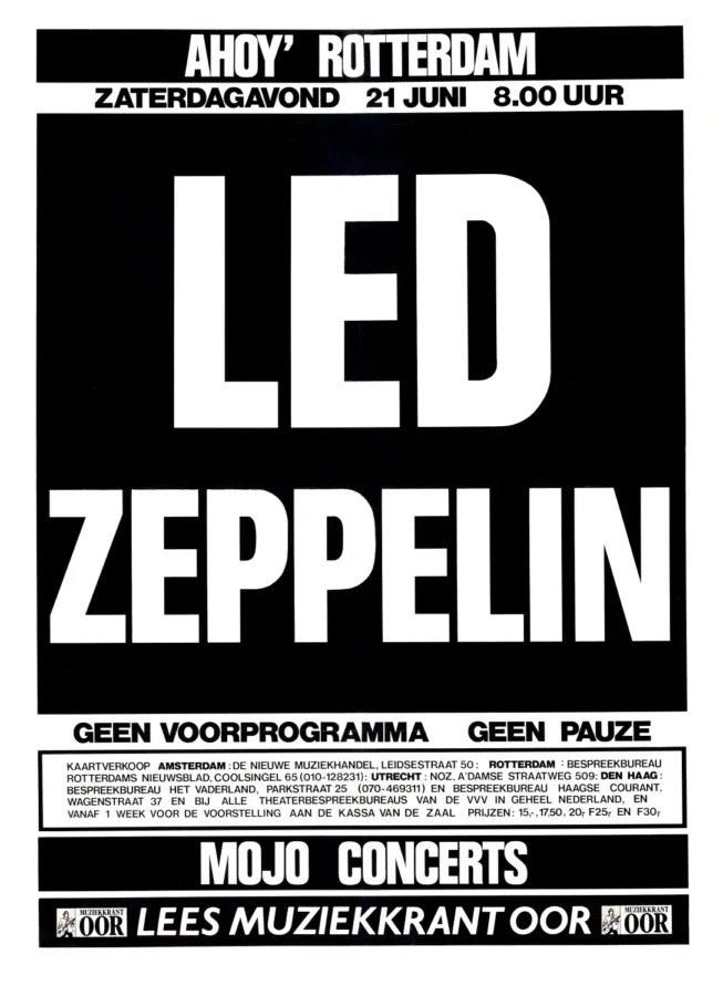 Led Zeppelin 1980 Rotterdam, Netherlands Large Concert Poster featuring black, white, and light gray vertical artwork.