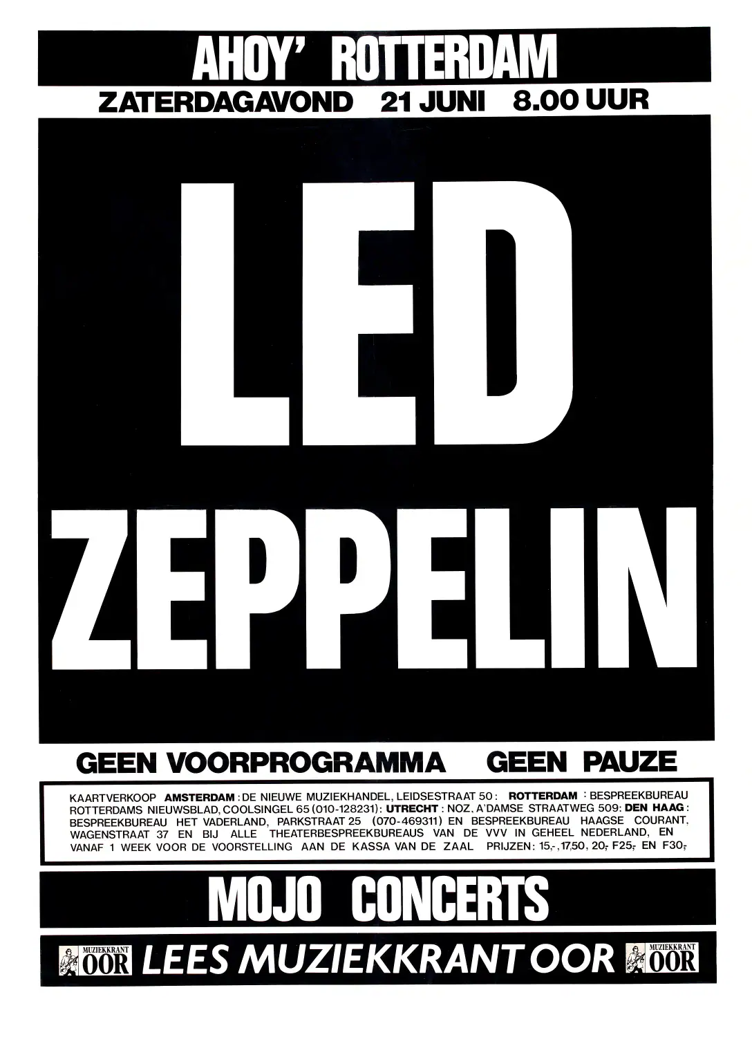 Led Zeppelin 1980 Rotterdam, Netherlands Large Concert Poster featuring black, white, and light gray vertical artwork.