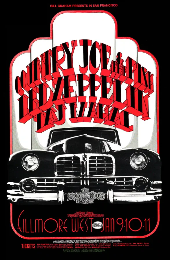 Led Zeppelin, Country Joe & the Fish 1969 Fillmore West Concert Poster featuring black, white, and gray vertical artwork.