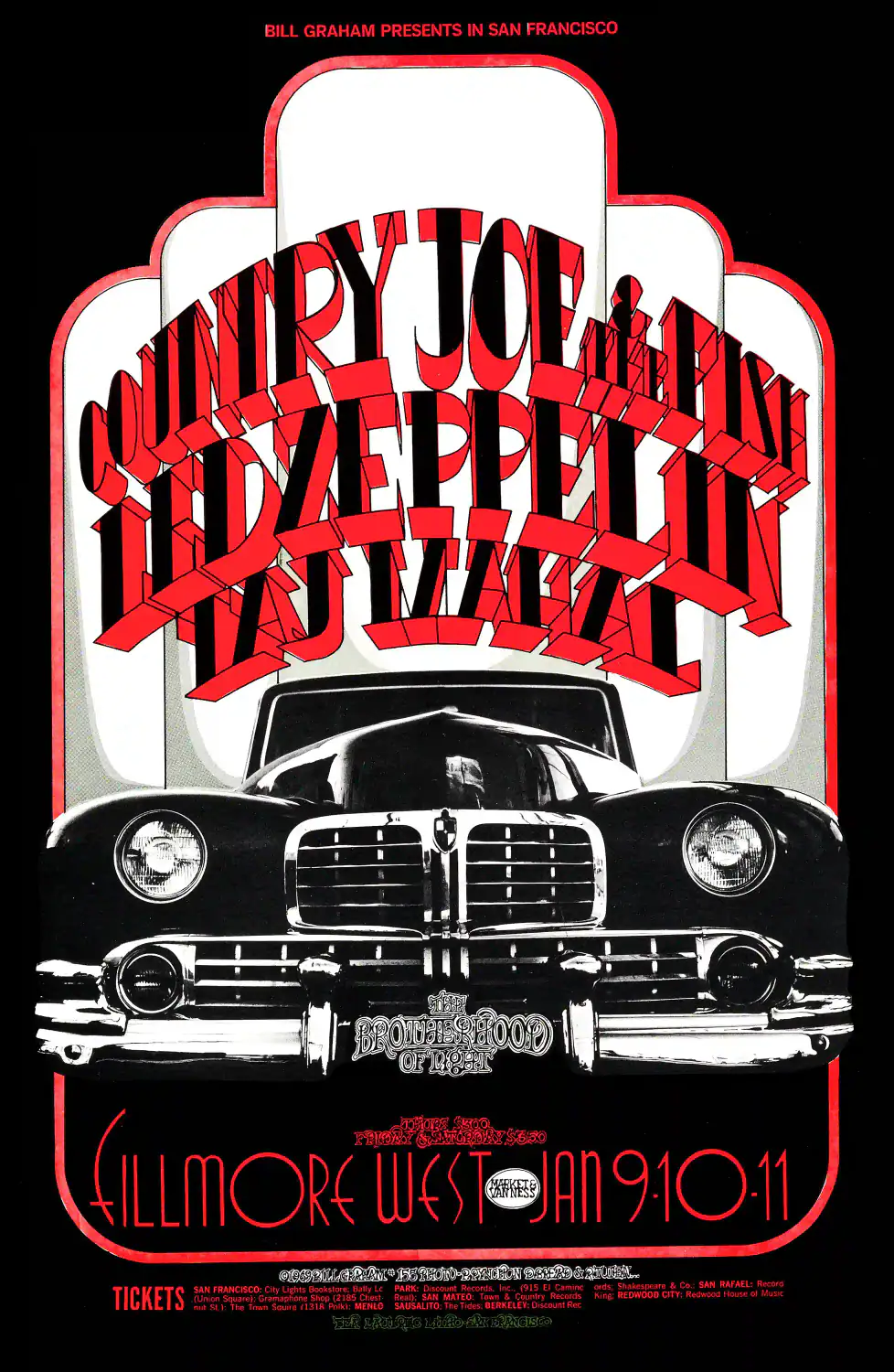 Led Zeppelin, Country Joe & the Fish 1969 Fillmore West Concert Poster featuring black, white, and gray vertical artwork.