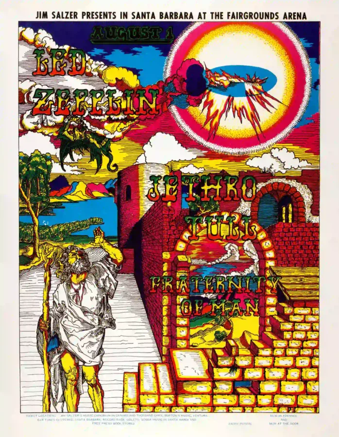 Led Zeppelin, Jethro Tull 1969 Santa Barbara, CA Concert Poster featuring white, red, and gray vertical artwork.