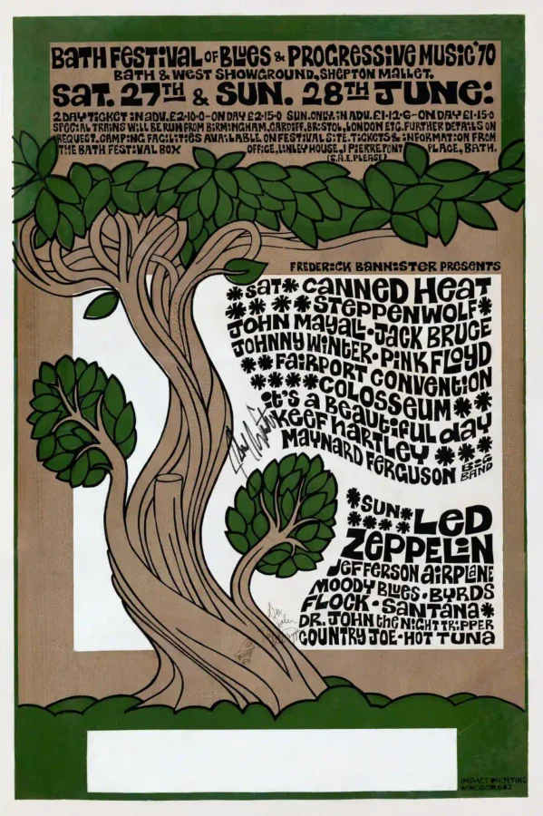 Led Zeppelin, Pink Floyd 1970 Bath, England Concert Poster featuring white, charcoal, and red vertical artwork.
