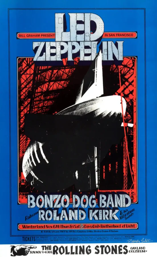 Led Zeppelin with Rolling Stones Plug 1969 Music Poster featuring blue, black, and white vertical artwork.