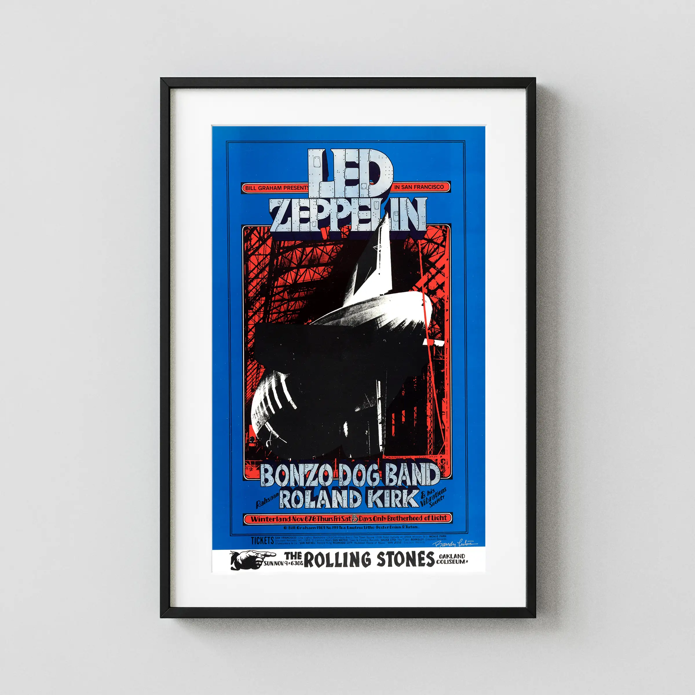Led Zeppelin with Rolling Stones Plug 1969 Music Poster featuring blue, black, and white vertical artwork.