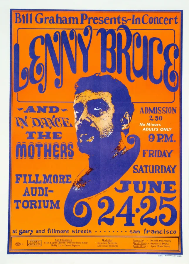 Lenny Bruce, Frank Zappa 1966 Fillmore Concert Poster featuring orange, white, and blue vertical artwork.