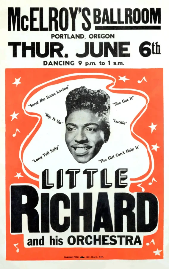 Little Richard 1957 Portland, Oregon Day-Glo Concert Poster featuring white, red, and charcoal vertical artwork.