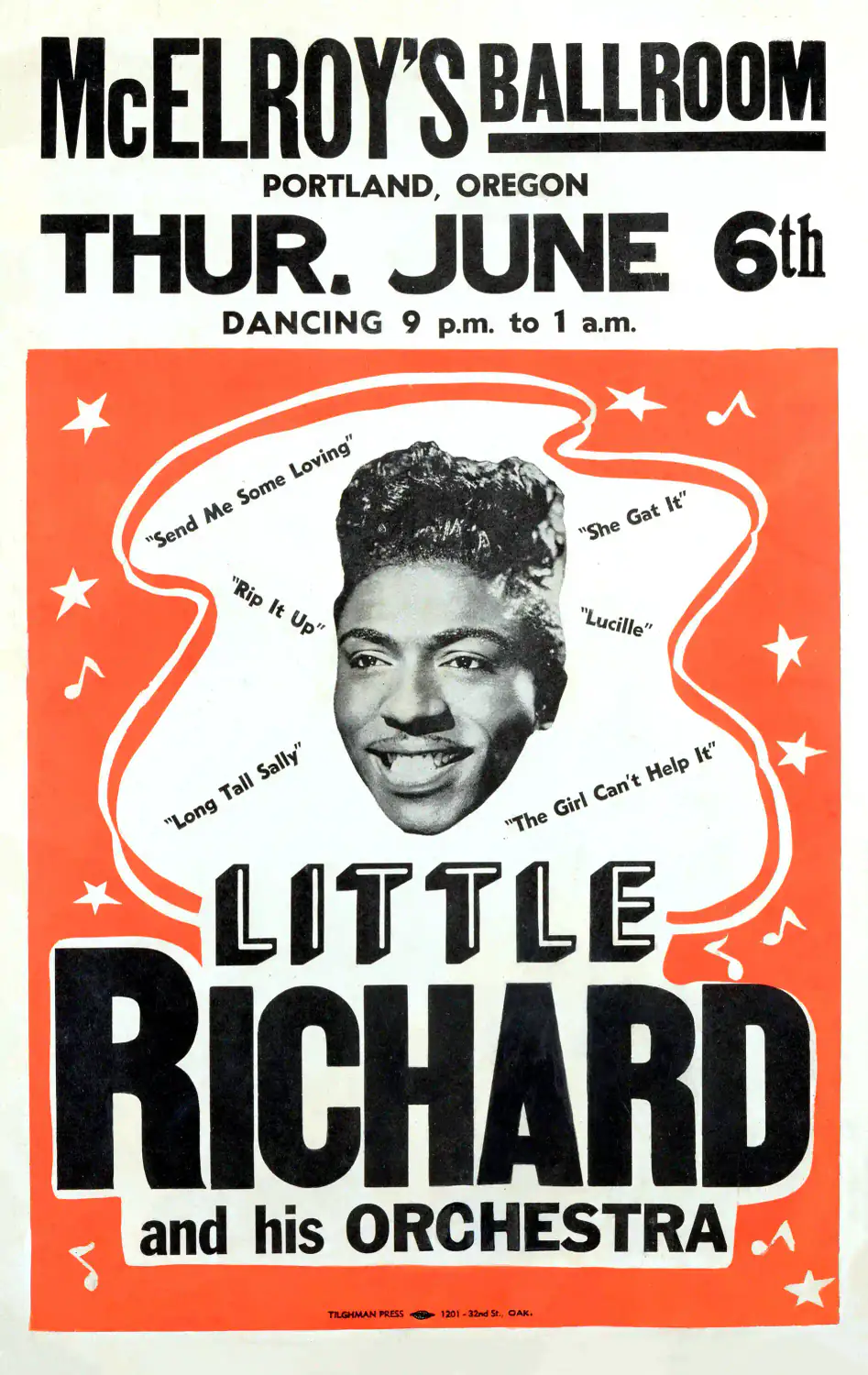 Little Richard 1957 Portland, Oregon Day-Glo Concert Poster featuring white, red, and charcoal vertical artwork.