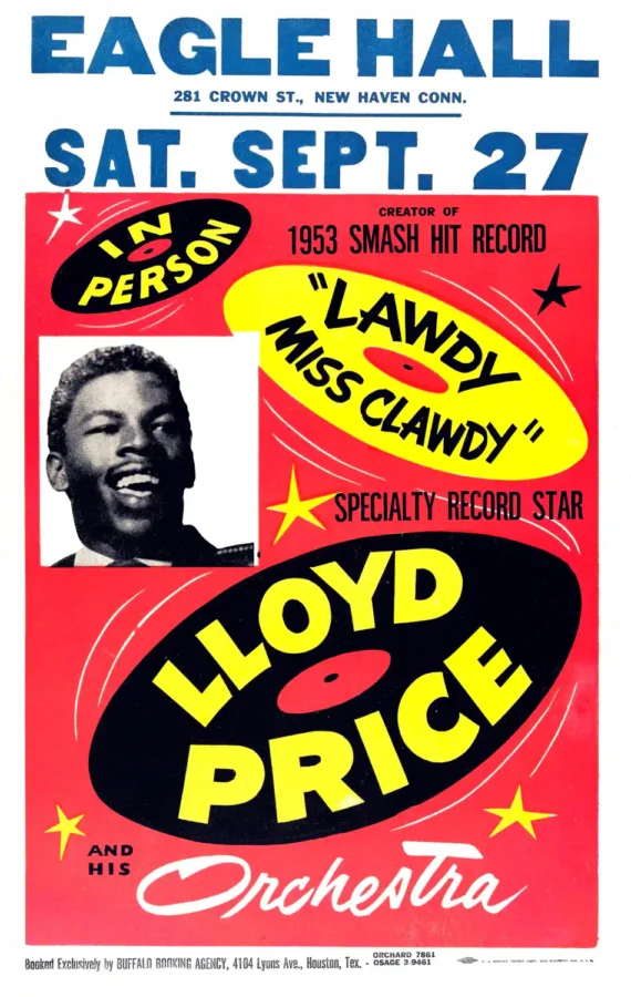 Lloyd Price 1958 New Haven, CT Cool "Spinning Discs" Concert Poster featuring white, red, and black vertical artwork.