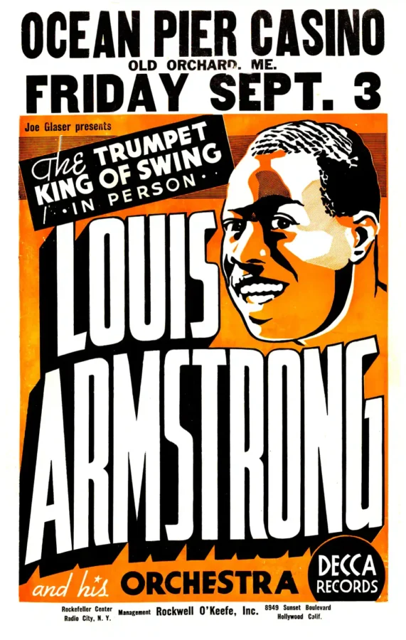 Louis Armstrong 1937 Old Orchard Beach, Maine Concert Poster featuring white, gray, and black vertical artwork.
