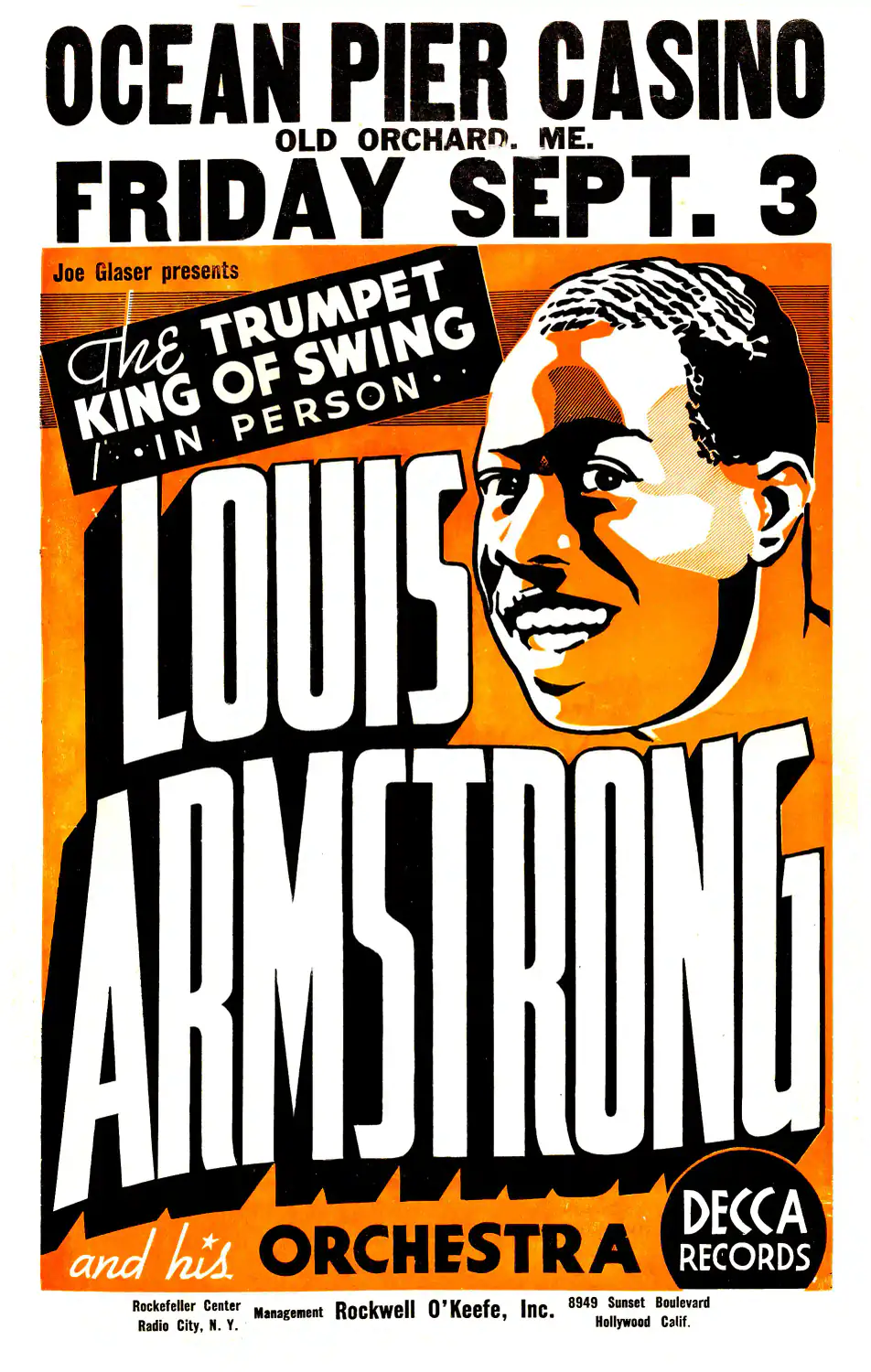Louis Armstrong 1937 Old Orchard Beach, Maine Concert Poster featuring white, gray, and black vertical artwork.