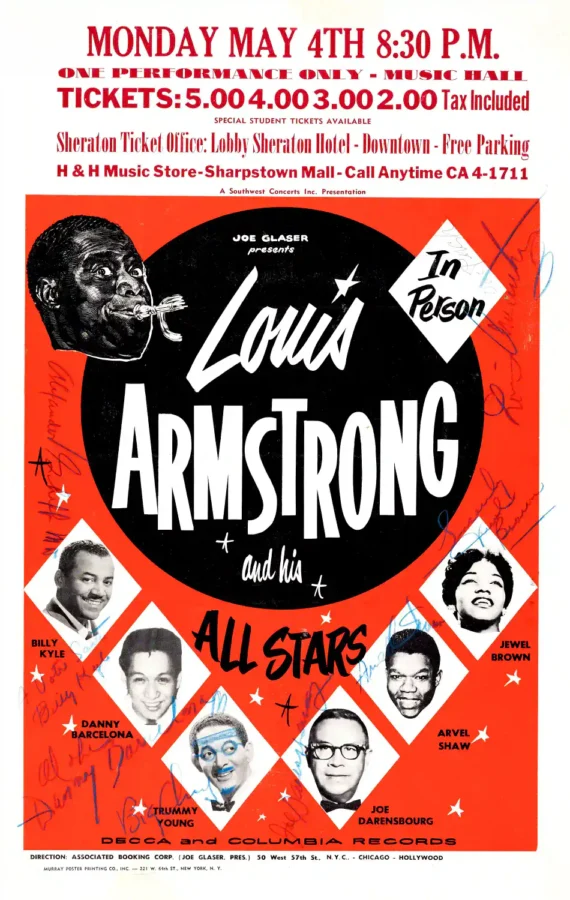 Louis Armstrong & His All-Stars 1964 Houston, TX Fully Concert Poster featuring white, red, and black vertical artwork.