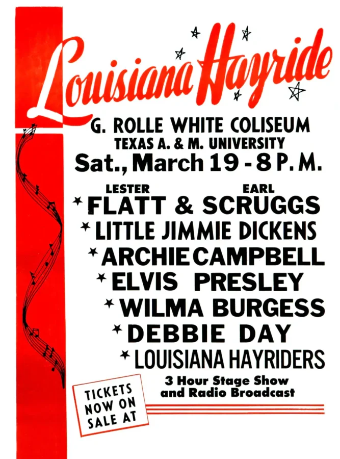 Louisiana Hayride Placard for a March 19, 1955 Music Poster featuring white, light gray, and red vertical artwork.