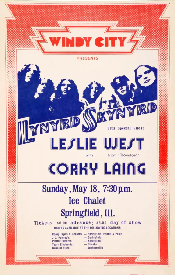 Lynyrd Skynyrd with Ronnie Van Zant poster with rose, red, and light gray artwork and period lettering.